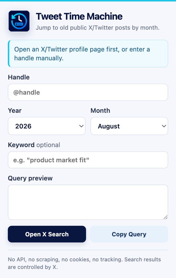 Tweet Time Machine popup with profile, month, keyword, and query controls